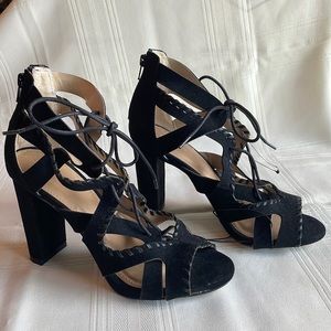 NWOT Express Black Suede Strappy Cage Lace Up High Block Heels - Size 9